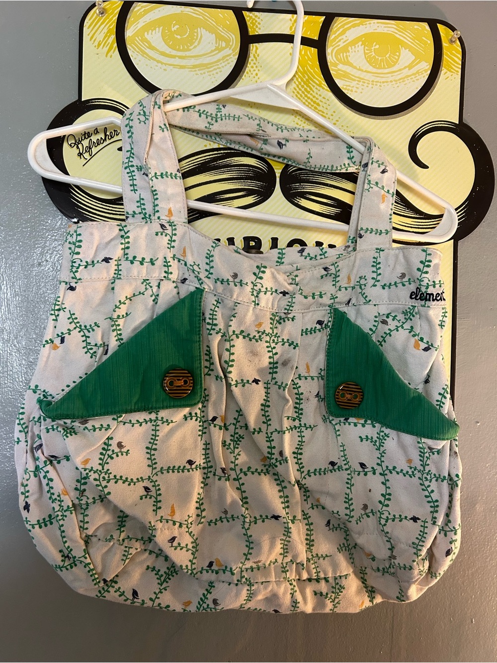 Element White Canvas Tote with Green Vine Print and Green Pocket Accents